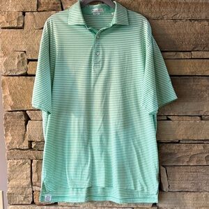 Peter Millar Mint and White Striped Polo Shirt Champion Hills on Sleeve.